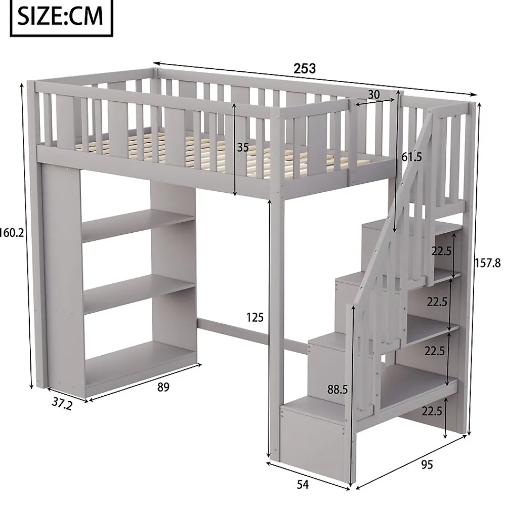 Lit mezzanine 90x200 cm - Lit simple avec échelle pratique, tiroirs de rangement intégrés et structure robuste - Pin et MDF - Gris>Okwish Hot
