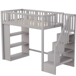 Lit mezzanine 90x200 cm - Lit simple avec échelle pratique, tiroirs de rangement intégrés et structure robuste - Pin et MDF - Gris><noscript><img width=