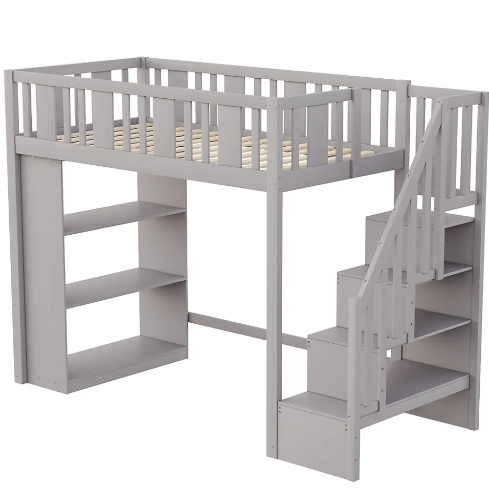 Lit mezzanine 90x200 cm - Lit simple avec échelle pratique, tiroirs de rangement intégrés et structure robuste - Pin et MDF - Gris>Okwish Hot