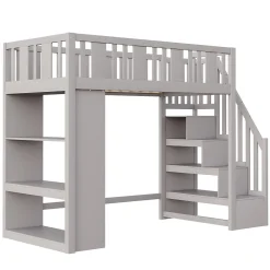 Lit mezzanine 90x200 cm - Lit simple avec échelle pratique, tiroirs de rangement intégrés et structure robuste - Pin et MDF - Gris><noscript><img width=