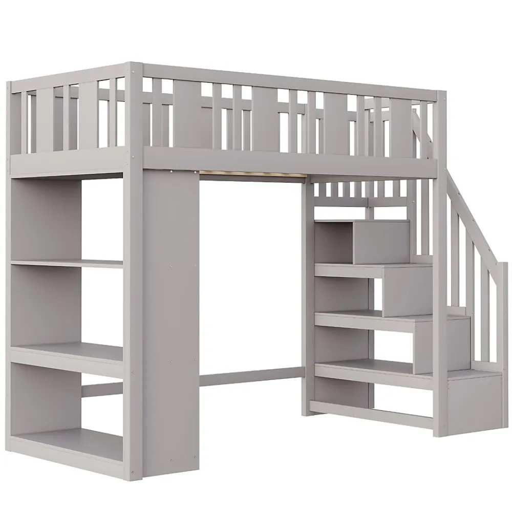 Lit mezzanine 90x200 cm - Lit simple avec échelle pratique, tiroirs de rangement intégrés et structure robuste - Pin et MDF - Gris>Okwish Hot