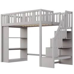 Lit mezzanine 90x200 cm - Lit simple avec échelle pratique, tiroirs de rangement intégrés et structure robuste - Pin et MDF - Gris><noscript><img width=