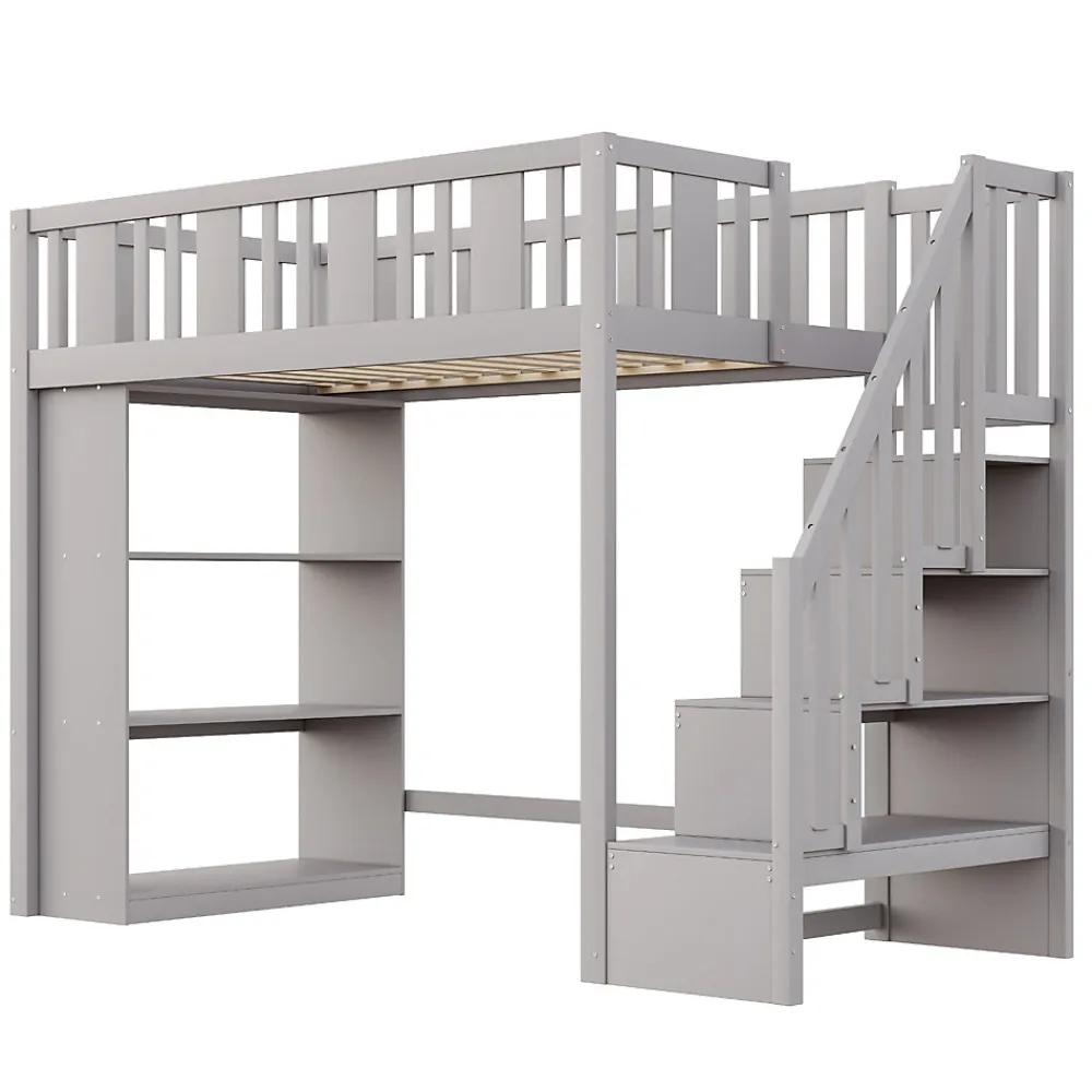 Lit mezzanine 90x200 cm - Lit simple avec échelle pratique, tiroirs de rangement intégrés et structure robuste - Pin et MDF - Gris>Okwish Hot
