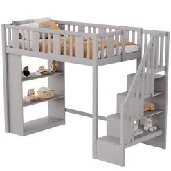 Lit mezzanine 90x200 cm - Lit simple avec échelle pratique, tiroirs de rangement intégrés et structure robuste - Pin et MDF - Gris><noscript><img width=
