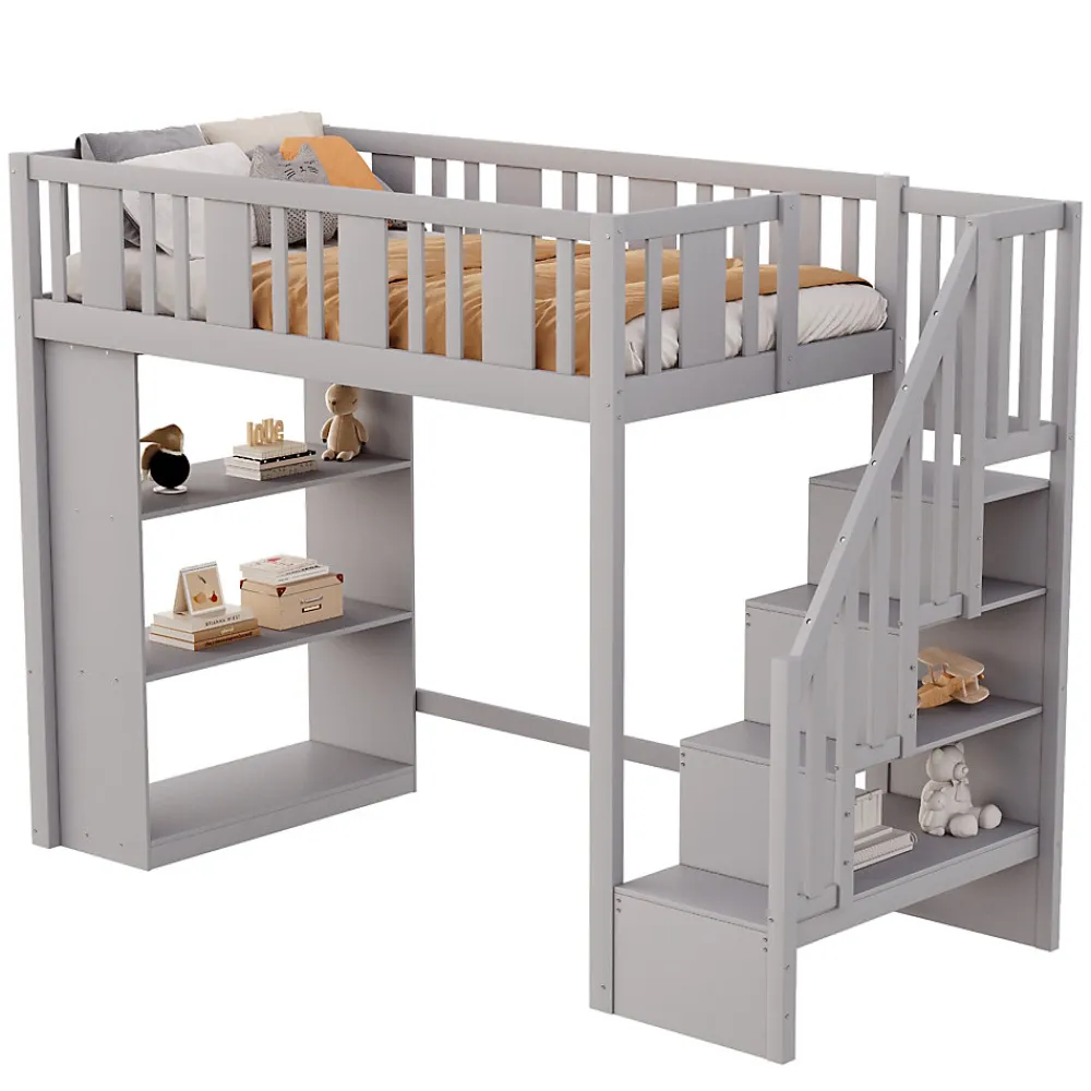 Lit mezzanine 90x200 cm - Lit simple avec échelle pratique, tiroirs de rangement intégrés et structure robuste - Pin et MDF - Gris>Okwish Hot