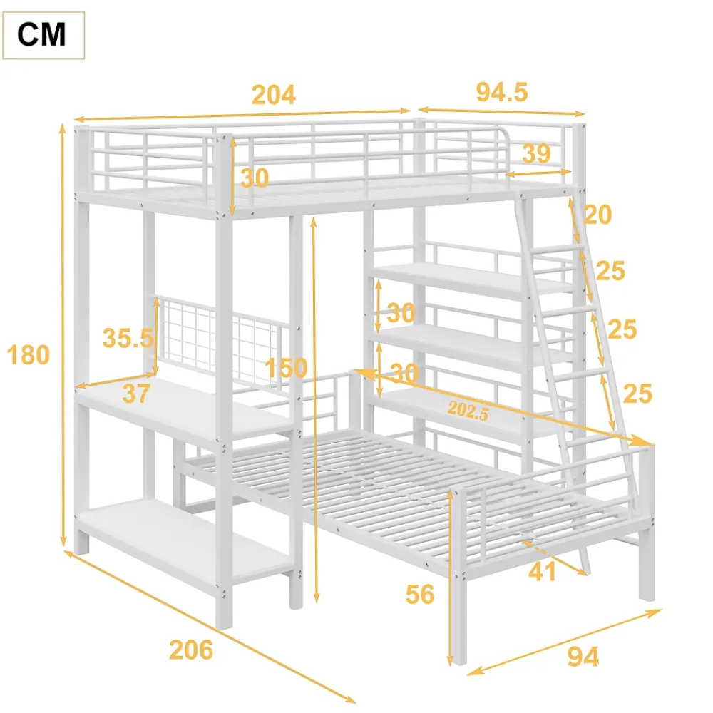 Okwish Lit mezzanine 90x200 cm - Lit simple avec rangement multifonction, structure métal et MDF avec étagères - Sans matelas - Blanc* Lit Mezzanine