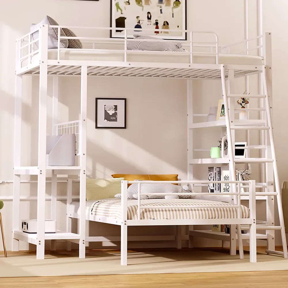 Okwish Lit mezzanine 90x200 cm - Lit simple avec rangement multifonction, structure métal et MDF avec étagères - Sans matelas - Blanc* Lit Mezzanine