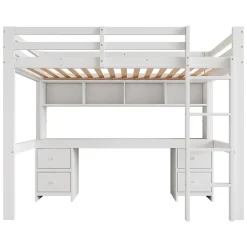 Okwish Lit mezzanine 90x200 cm - Lit Simple avec Escalier à Rampe Haute et bureau, tiroirs - Pin + MDF - Sans Matelas - Blanc* Lit Mezzanine