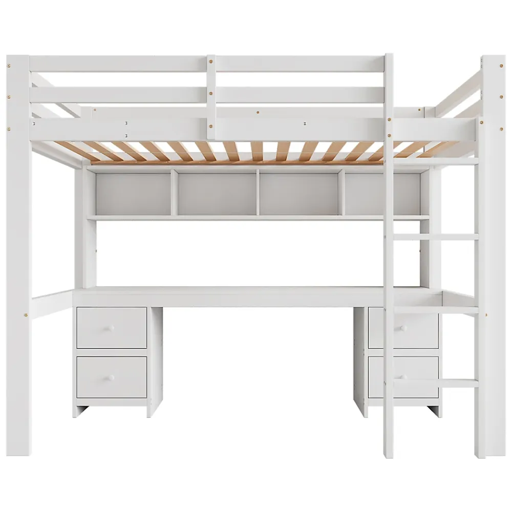 Okwish Lit mezzanine 90x200 cm - Lit Simple avec Escalier à Rampe Haute et bureau, tiroirs - Pin + MDF - Sans Matelas - Blanc* Lit Mezzanine