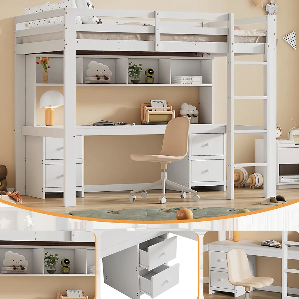 Okwish Lit mezzanine 90x200 cm - Lit Simple avec Escalier à Rampe Haute et bureau, tiroirs - Pin + MDF - Sans Matelas - Blanc* Lit Mezzanine