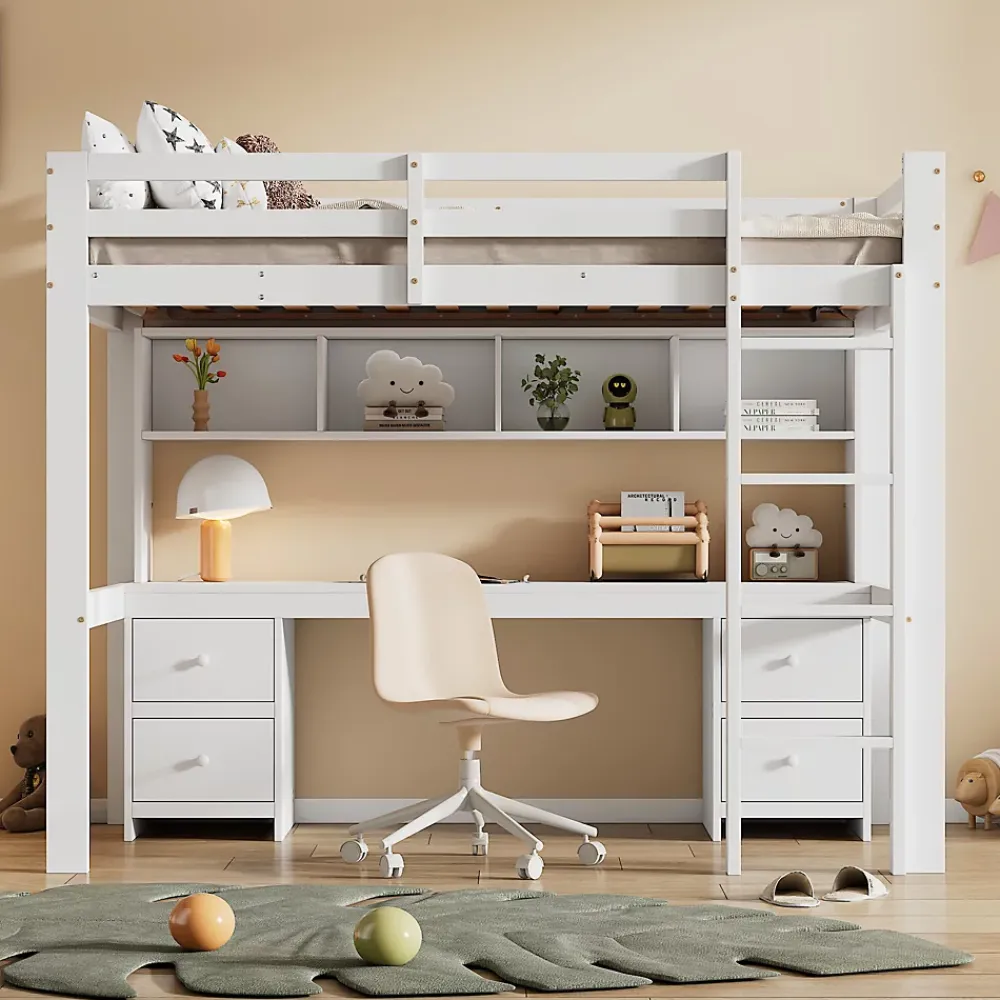 Okwish Lit mezzanine 90x200 cm - Lit Simple avec Escalier à Rampe Haute et bureau, tiroirs - Pin + MDF - Sans Matelas - Blanc* Lit Mezzanine