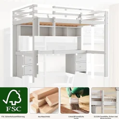 Okwish Lit mezzanine 90x200 cm - Lit Simple avec Escalier à Rampe Haute et bureau, tiroirs - Pin + MDF - Sans Matelas - Blanc* Lit Mezzanine