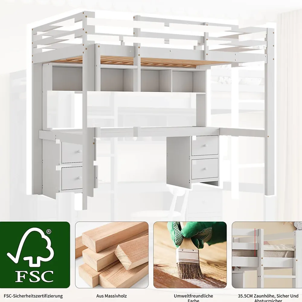 Okwish Lit mezzanine 90x200 cm - Lit Simple avec Escalier à Rampe Haute et bureau, tiroirs - Pin + MDF - Sans Matelas - Blanc* Lit Mezzanine