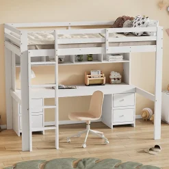 Okwish Lit mezzanine 90x200 cm - Lit Simple avec Escalier à Rampe Haute et bureau, tiroirs - Pin + MDF - Sans Matelas - Blanc* Lit Mezzanine