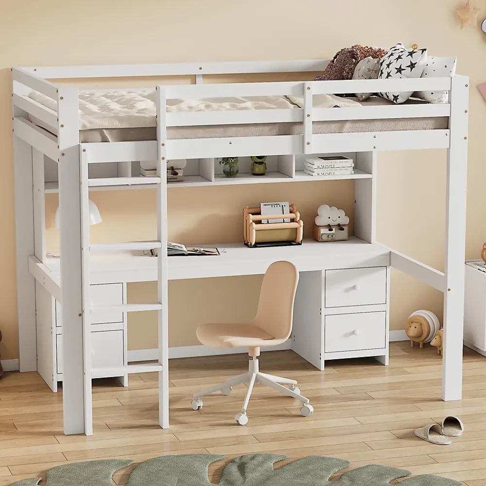 Okwish Lit mezzanine 90x200 cm - Lit Simple avec Escalier à Rampe Haute et bureau, tiroirs - Pin + MDF - Sans Matelas - Blanc* Lit Mezzanine