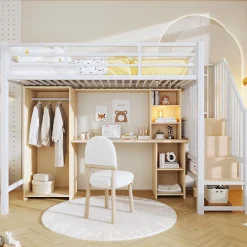 Lit mezzanine 90x200 cm - Structure en fer - Avec espace de rangement - Avec armoire + bureau - Blanc (matelas non inclus)>ModernLuxe Hot