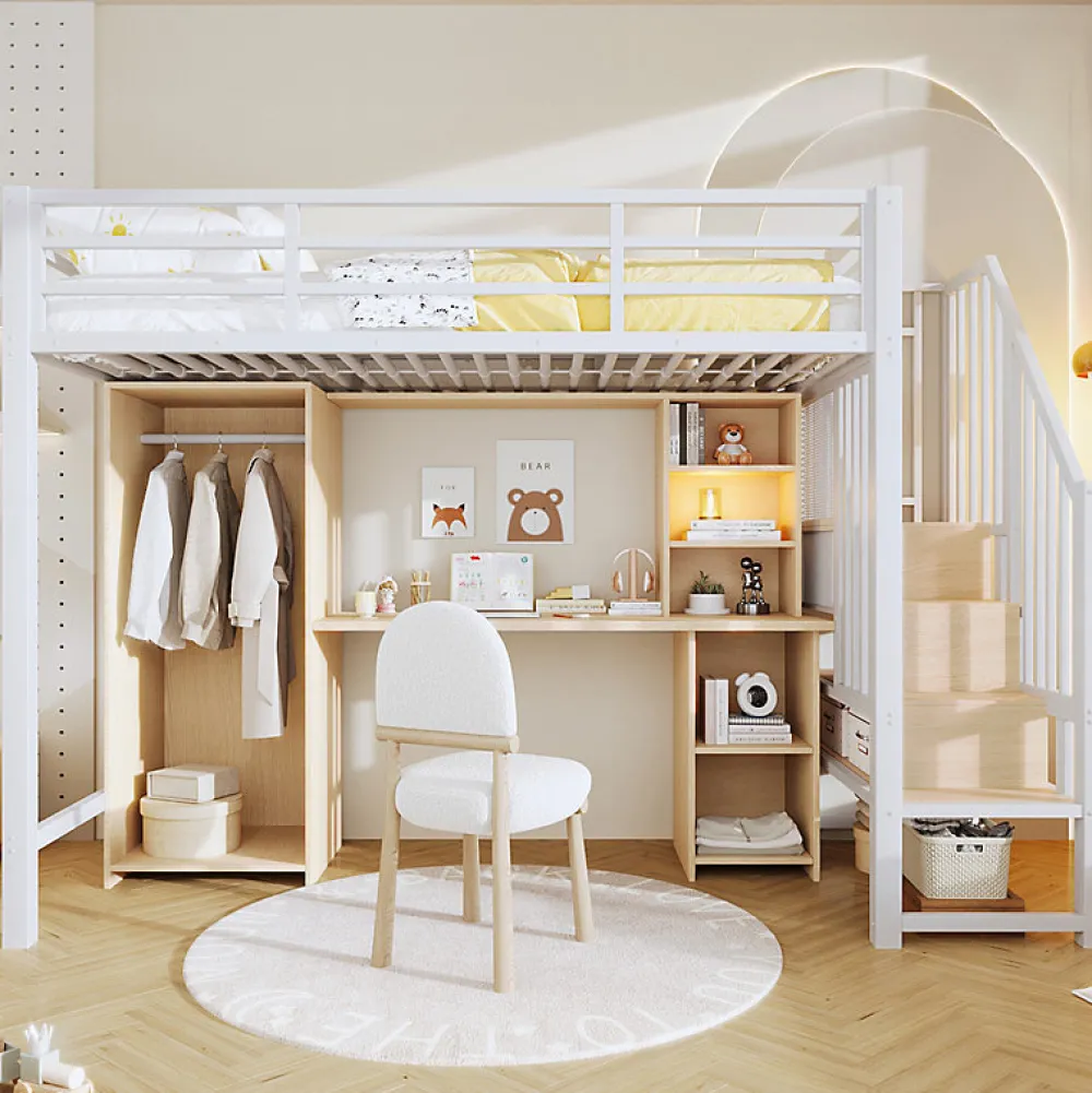 Lit mezzanine 90x200 cm - Structure en fer - Avec espace de rangement - Avec armoire + bureau - Blanc (matelas non inclus)>ModernLuxe Hot