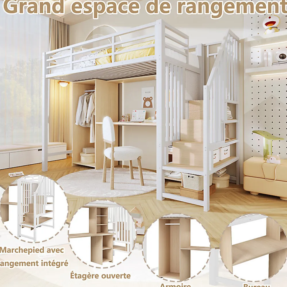 Lit mezzanine 90x200 cm - Structure en fer - Avec espace de rangement - Avec armoire + bureau - Blanc (matelas non inclus)>ModernLuxe Hot