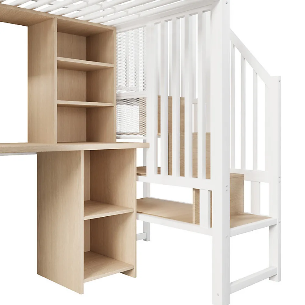 Lit mezzanine 90x200 cm - Structure en fer - Avec espace de rangement - Avec armoire + bureau - Blanc (matelas non inclus)>ModernLuxe Hot
