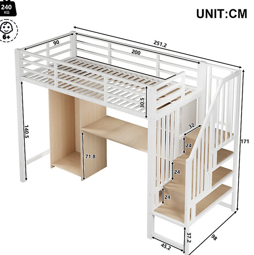 Lit mezzanine 90x200 cm - Structure en fer - Avec espace de rangement - Avec armoire + bureau - Blanc (matelas non inclus)>ModernLuxe Hot