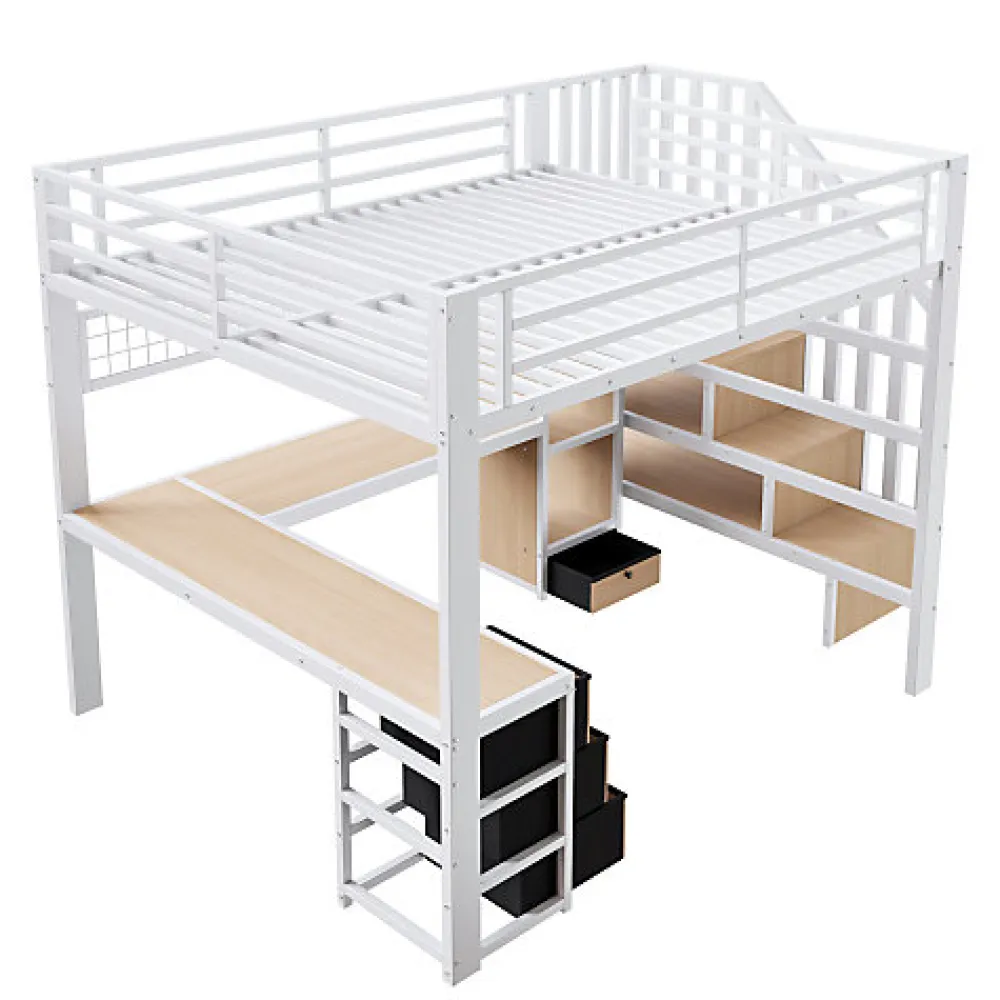 Lit mezzanine 90x200 cm - Structure en fer - Avec espace de rangement - Avec armoire + bureau - Blanc (matelas non inclus)>ModernLuxe Hot