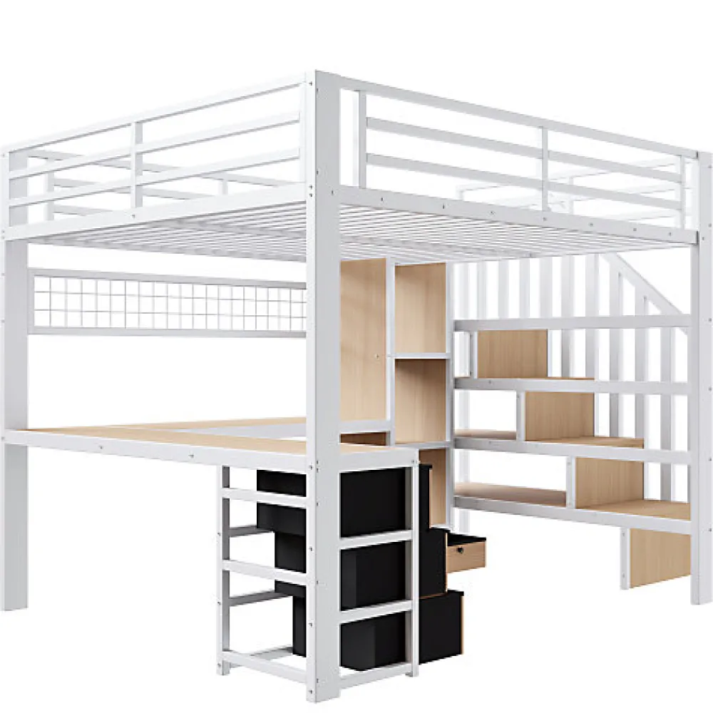 Lit mezzanine 90x200 cm - Structure en fer - Avec espace de rangement - Avec armoire + bureau - Blanc (matelas non inclus)>ModernLuxe Hot