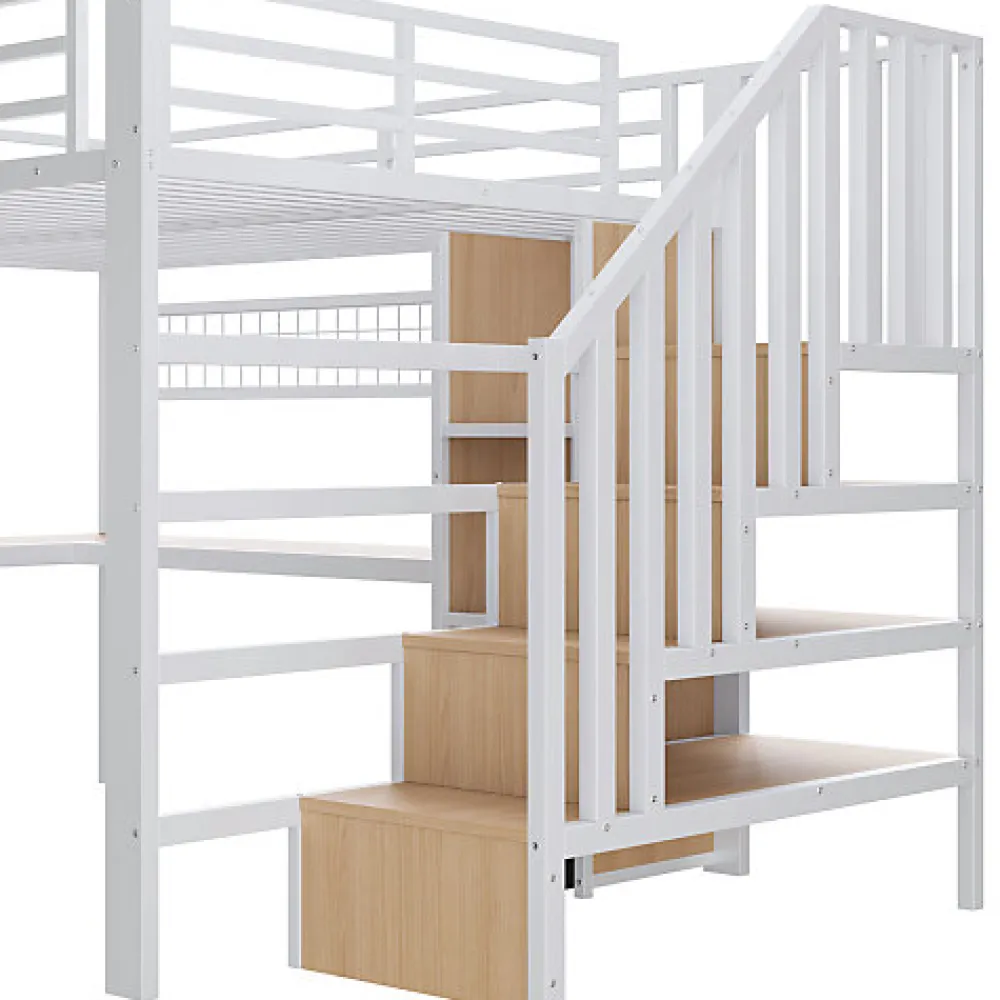 Lit mezzanine 90x200 cm - Structure en fer - Avec espace de rangement - Avec armoire + bureau - Blanc (matelas non inclus)>ModernLuxe Hot