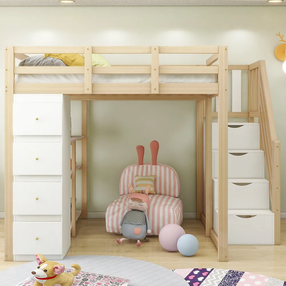 Lit Mezzanine 140x200 cm Ado avec Commode, Étagères et Tiroirs - Échelle Sécurisée Antidérapante - Sans Matelas - Bois Naturel>Okwish Clearance