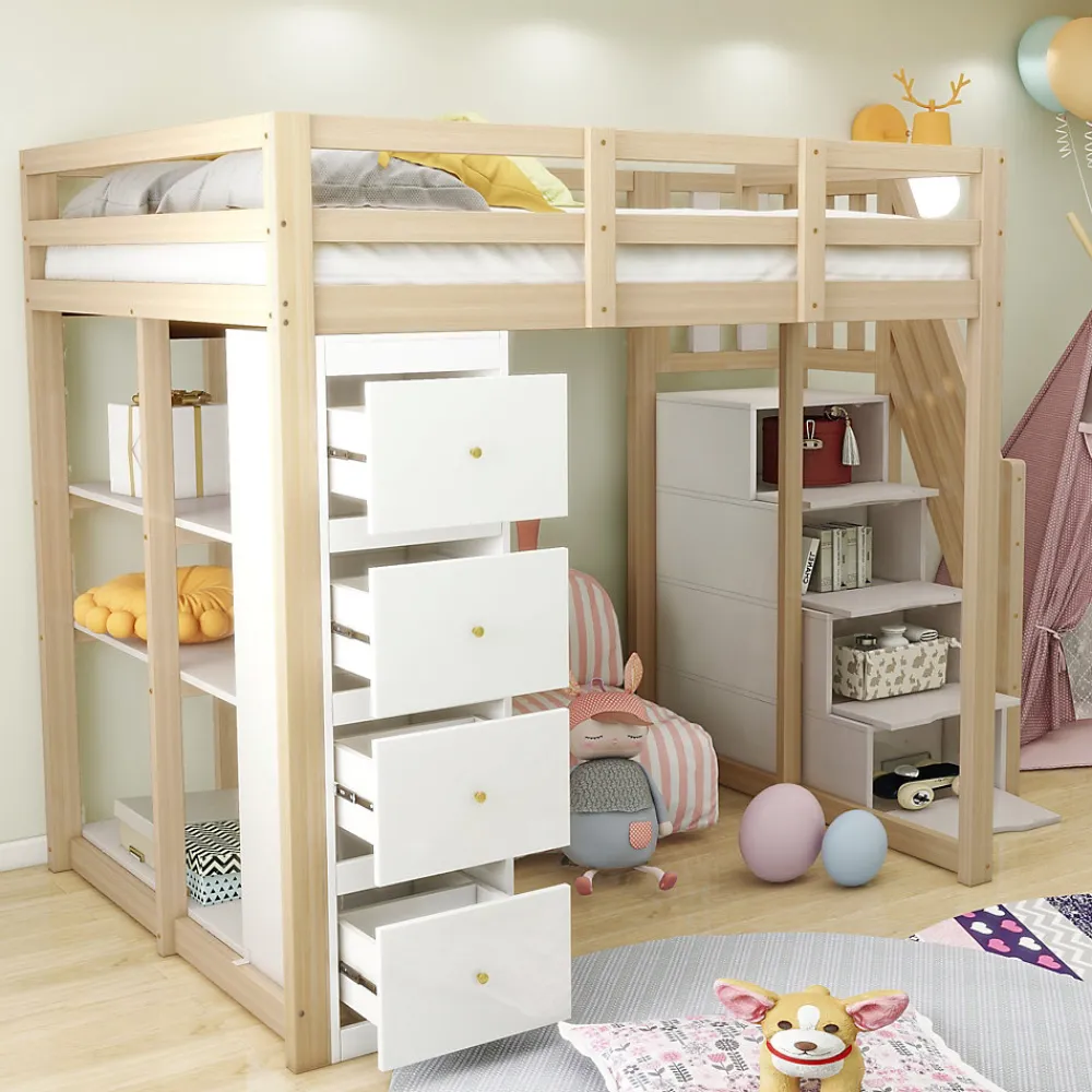 Lit Mezzanine 140x200 cm Ado avec Commode, Étagères et Tiroirs - Échelle Sécurisée Antidérapante - Sans Matelas - Bois Naturel>Okwish Clearance
