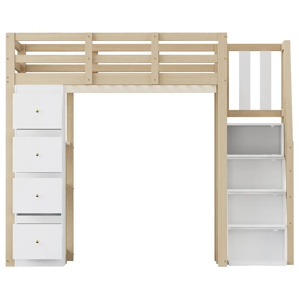 Lit Mezzanine 140x200 cm Ado avec Commode, Étagères et Tiroirs - Échelle Sécurisée Antidérapante - Sans Matelas - Bois Naturel>Okwish Clearance