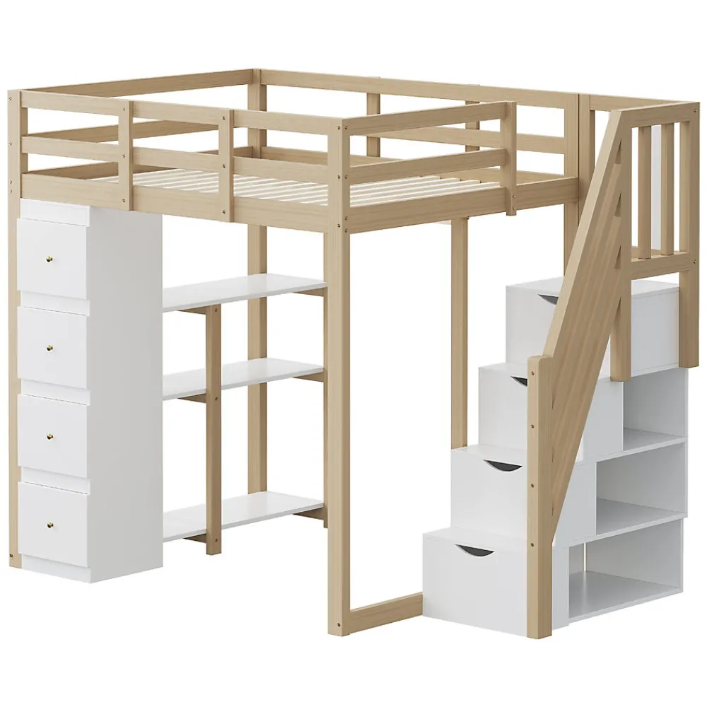Lit Mezzanine 140x200 cm Ado avec Commode, Étagères et Tiroirs - Échelle Sécurisée Antidérapante - Sans Matelas - Bois Naturel>Okwish Clearance