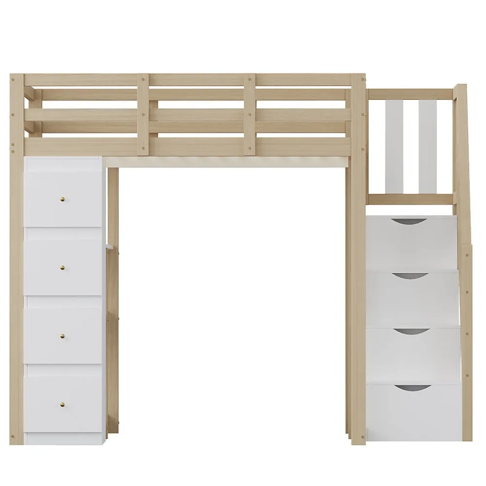Lit Mezzanine 140x200 cm Ado avec Commode, Étagères et Tiroirs - Échelle Sécurisée Antidérapante - Sans Matelas - Bois Naturel>Okwish Clearance