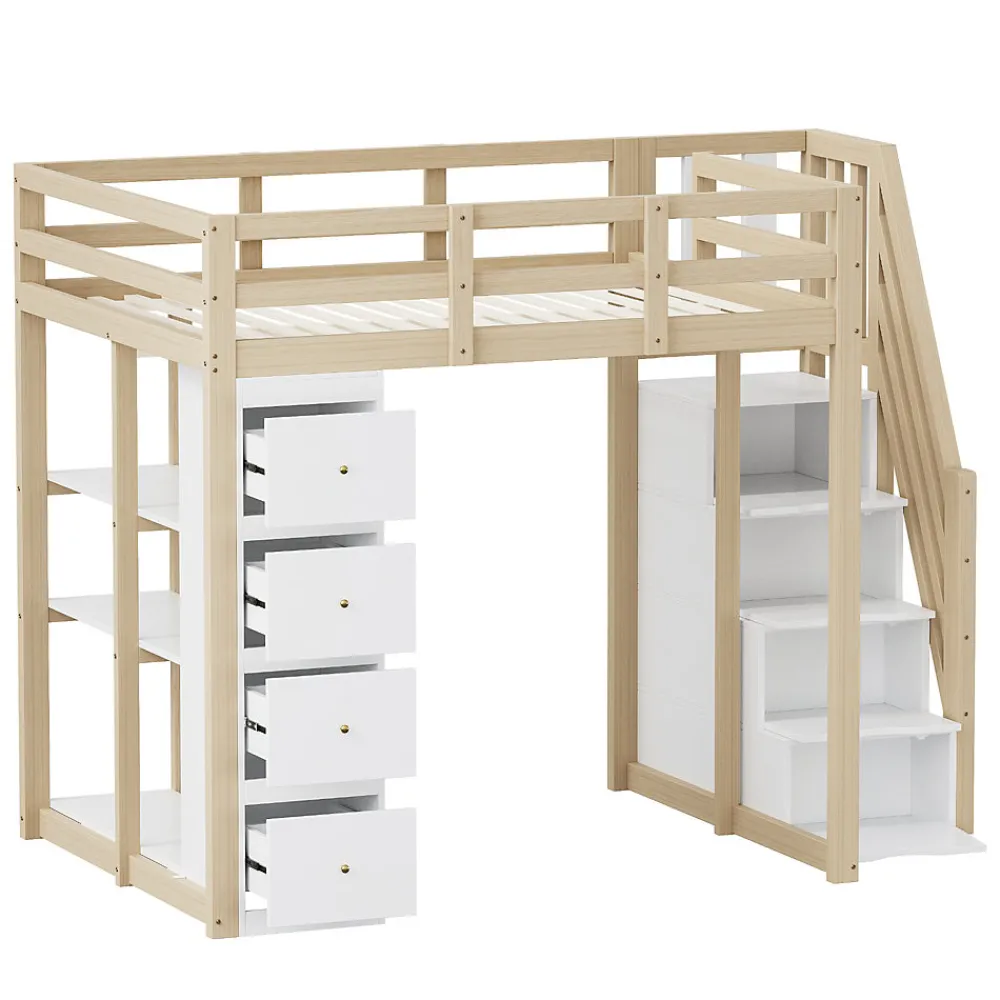 Lit Mezzanine 140x200 cm Ado avec Commode, Étagères et Tiroirs - Échelle Sécurisée Antidérapante - Sans Matelas - Bois Naturel>Okwish Clearance