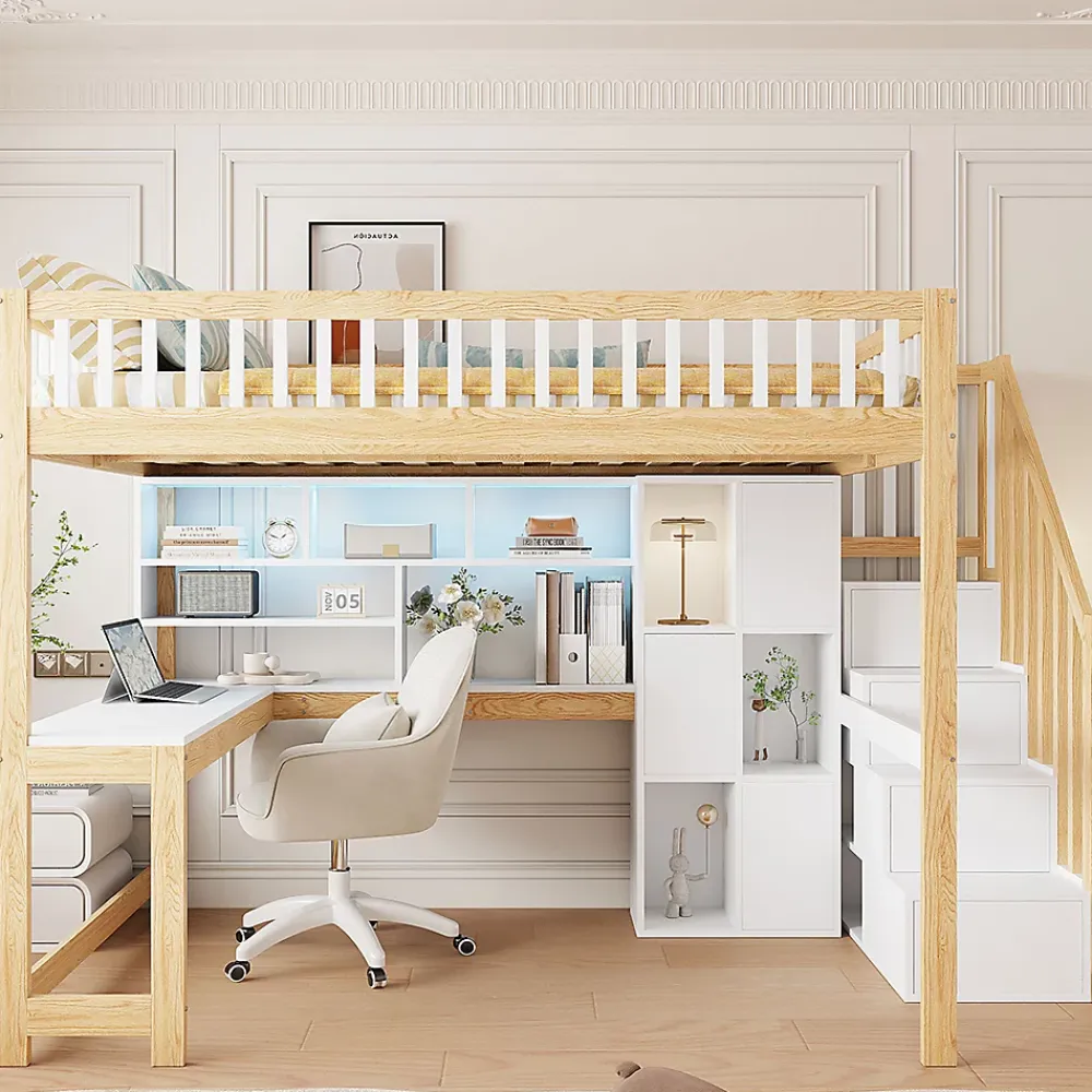 Okwish Lit mezzanine 140x200 cm ado double avec bureau intégré, étagères et LED, rangement pratique, pin+MDF blanc+bois naturel* Lit Mezzanine