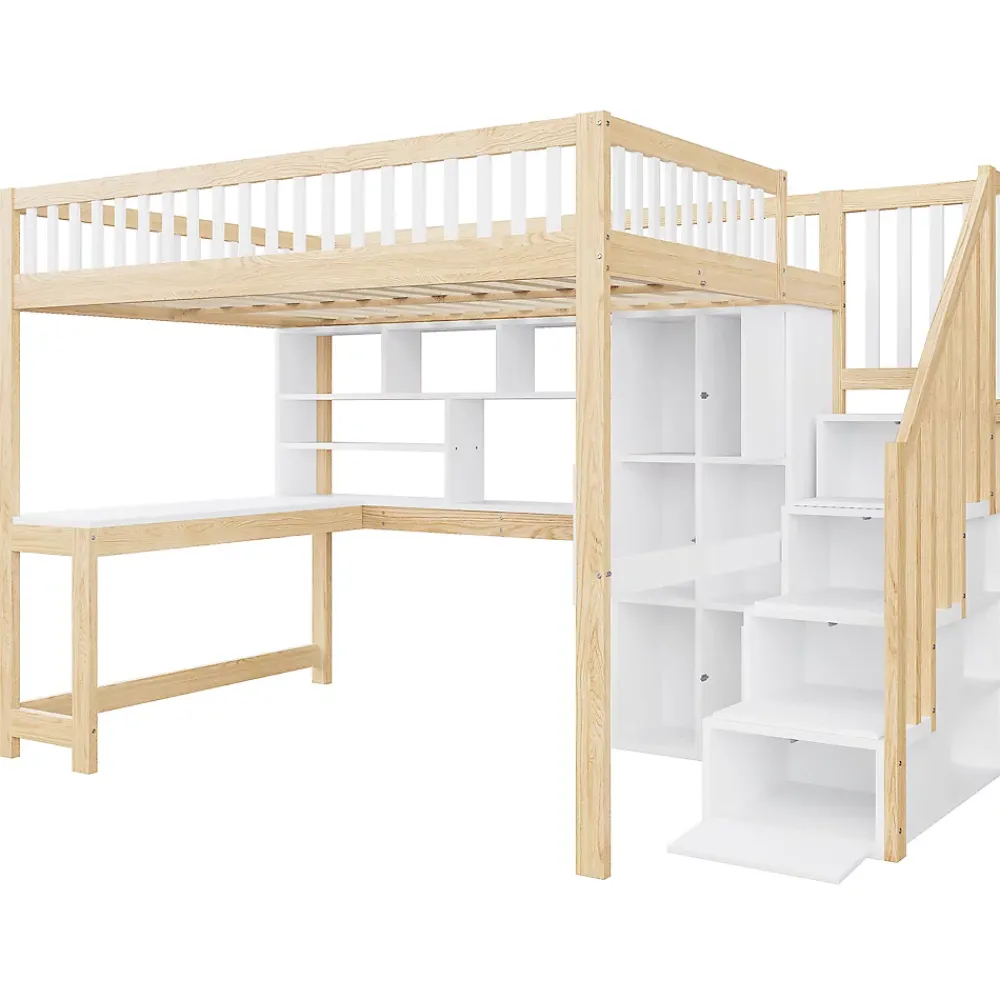 Okwish Lit mezzanine 140x200 cm ado double avec bureau intégré, étagères et LED, rangement pratique, pin+MDF blanc+bois naturel* Lit Mezzanine