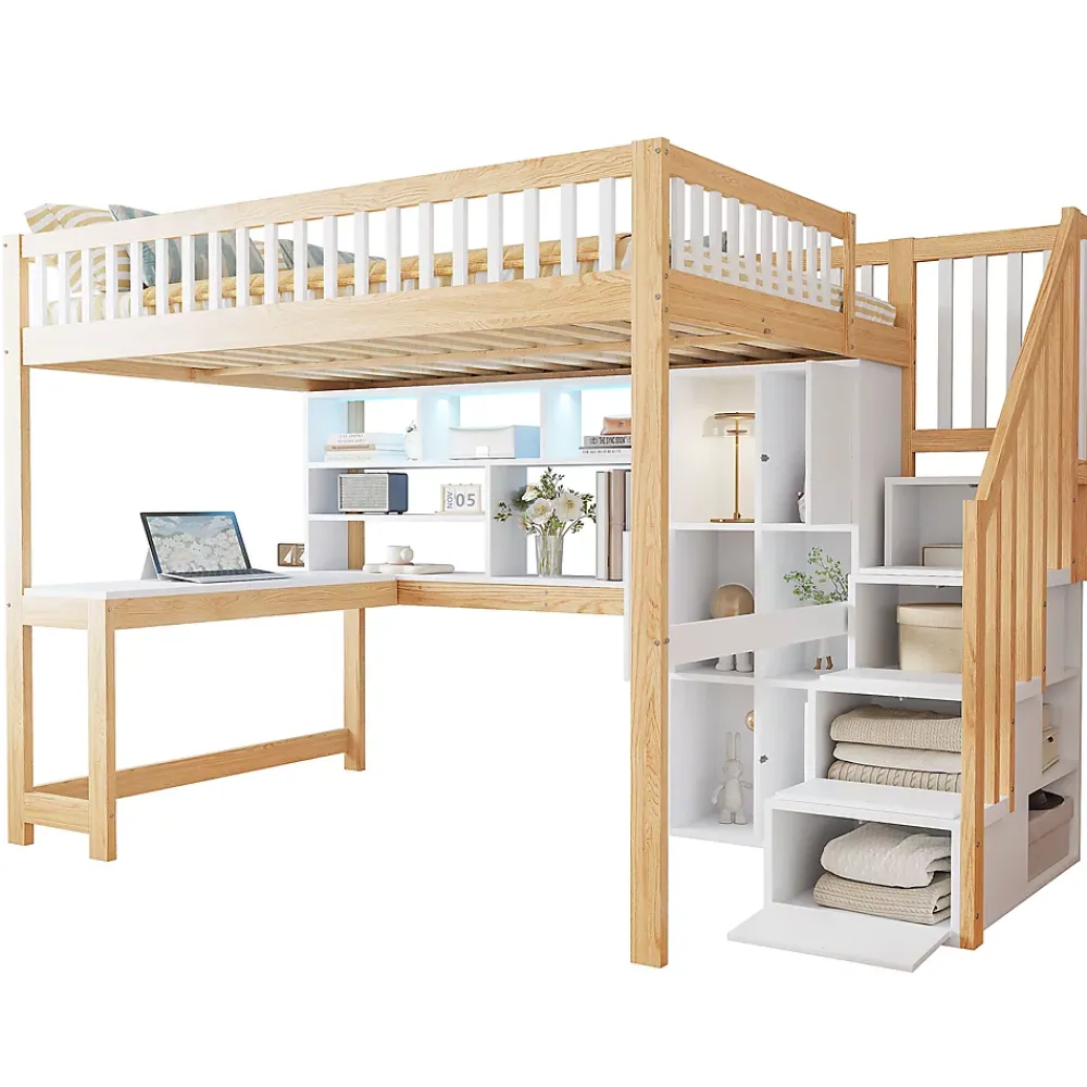 Okwish Lit mezzanine 140x200 cm ado double avec bureau intégré, étagères et LED, rangement pratique, pin+MDF blanc+bois naturel* Lit Mezzanine