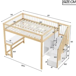 Okwish Lit mezzanine 140x200 cm ado double avec bureau intégré, étagères et LED, rangement pratique, pin+MDF blanc+bois naturel* Lit Mezzanine