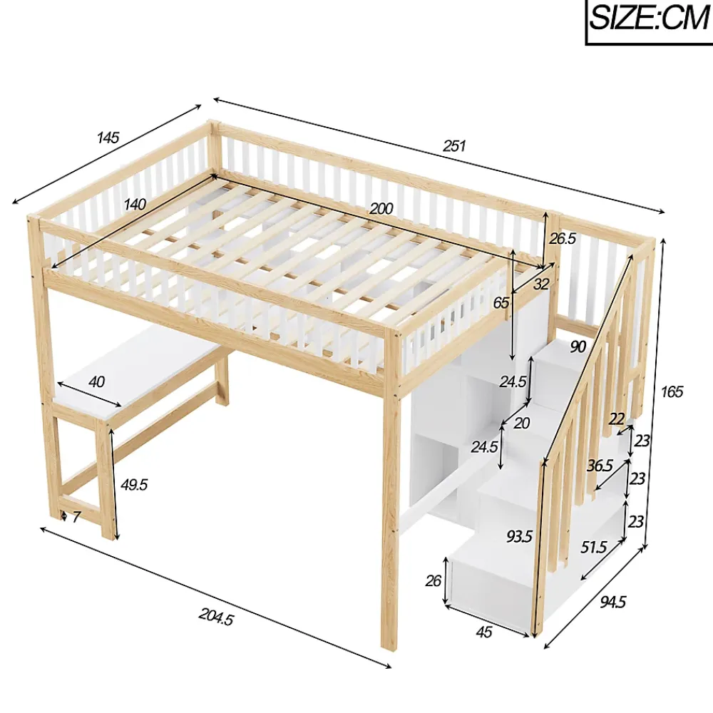Okwish Lit mezzanine 140x200 cm ado double avec bureau intégré, étagères et LED, rangement pratique, pin+MDF blanc+bois naturel* Lit Mezzanine