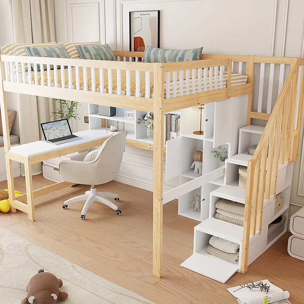 Okwish Lit mezzanine 140x200 cm ado double avec bureau intégré, étagères et LED, rangement pratique, pin+MDF blanc+bois naturel* Lit Mezzanine