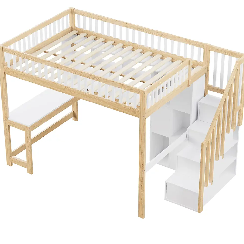 Okwish Lit mezzanine 140x200 cm ado double avec bureau intégré, étagères et LED, rangement pratique, pin+MDF blanc+bois naturel* Lit Mezzanine