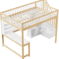 Okwish Lit mezzanine 140x200 cm ado double avec bureau intégré, étagères et LED, rangement pratique, pin+MDF blanc+bois naturel* Lit Mezzanine