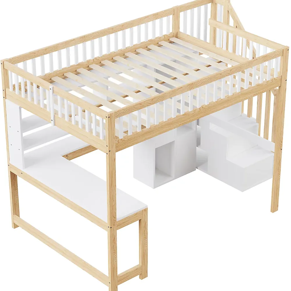 Okwish Lit mezzanine 140x200 cm ado double avec bureau intégré, étagères et LED, rangement pratique, pin+MDF blanc+bois naturel* Lit Mezzanine