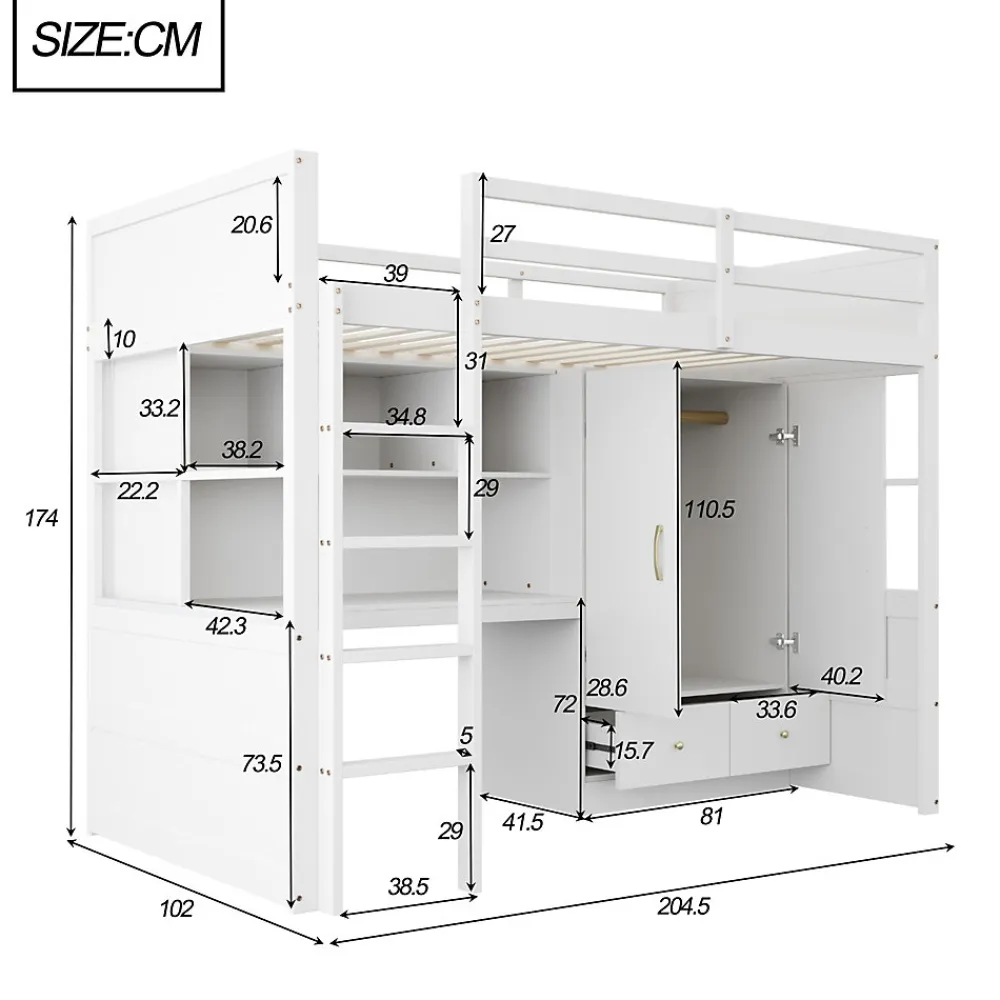 Lit mezzanine 90x200 cm ado/enfant avec bureau et armoire, escalier avec tiroirs, bois MDF+pin blanc, sans matelas>Okwish Outlet