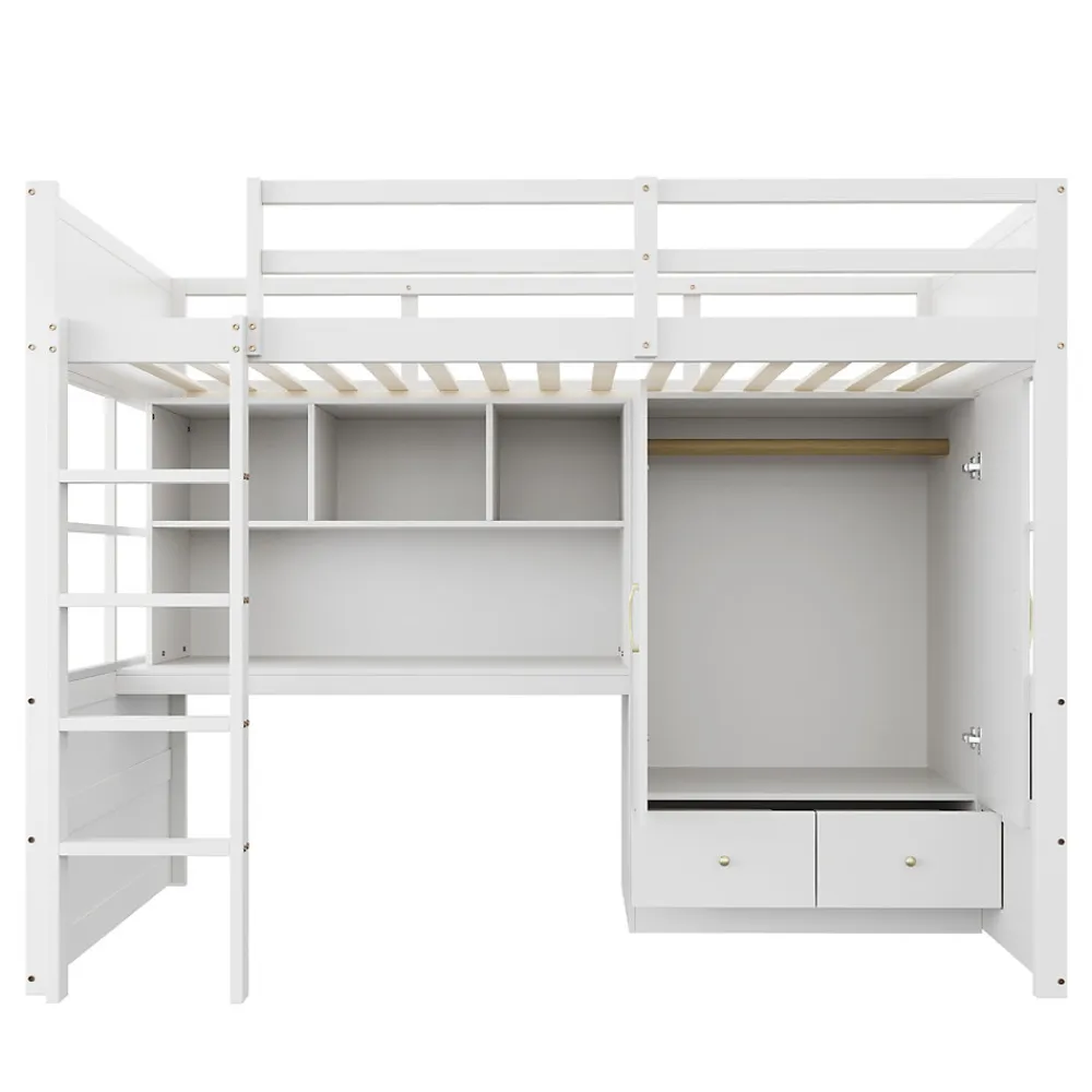 Lit mezzanine 90x200 cm ado/enfant avec bureau et armoire, escalier avec tiroirs, bois MDF+pin blanc, sans matelas>Okwish Outlet