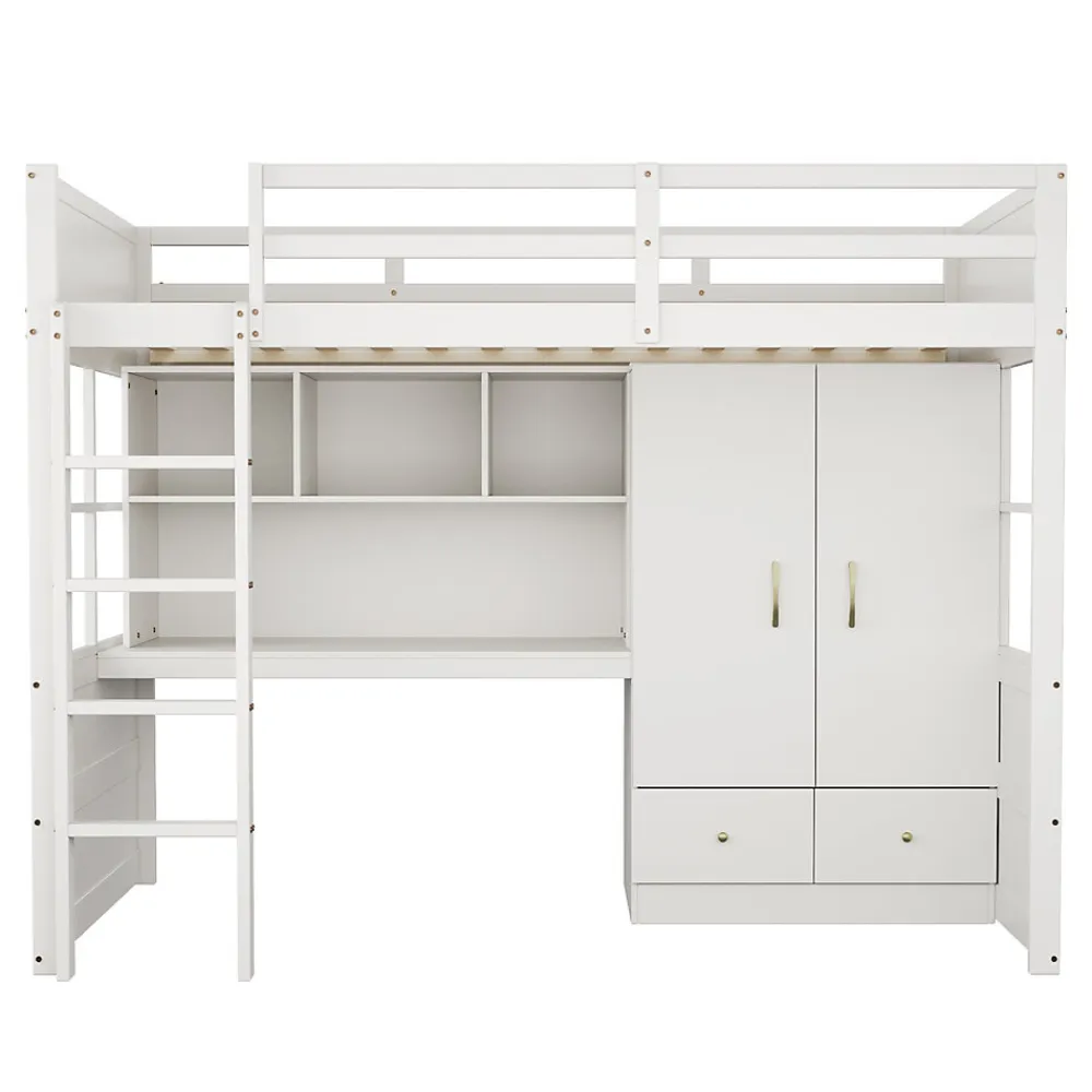 Lit mezzanine 90x200 cm ado/enfant avec bureau et armoire, escalier avec tiroirs, bois MDF+pin blanc, sans matelas>Okwish Outlet
