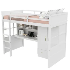 Lit mezzanine 90x200 cm ado/enfant avec bureau et armoire, escalier avec tiroirs, bois MDF+pin blanc, sans matelas><noscript><img width=