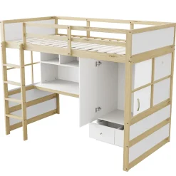 Okwish Lit mezzanine 90x200 cm ado/enfant 1 place avec bureau et armoire, escalier avec tiroirs, bois pin+MDF couleur bois, sans matelas* Lit Mezzanine