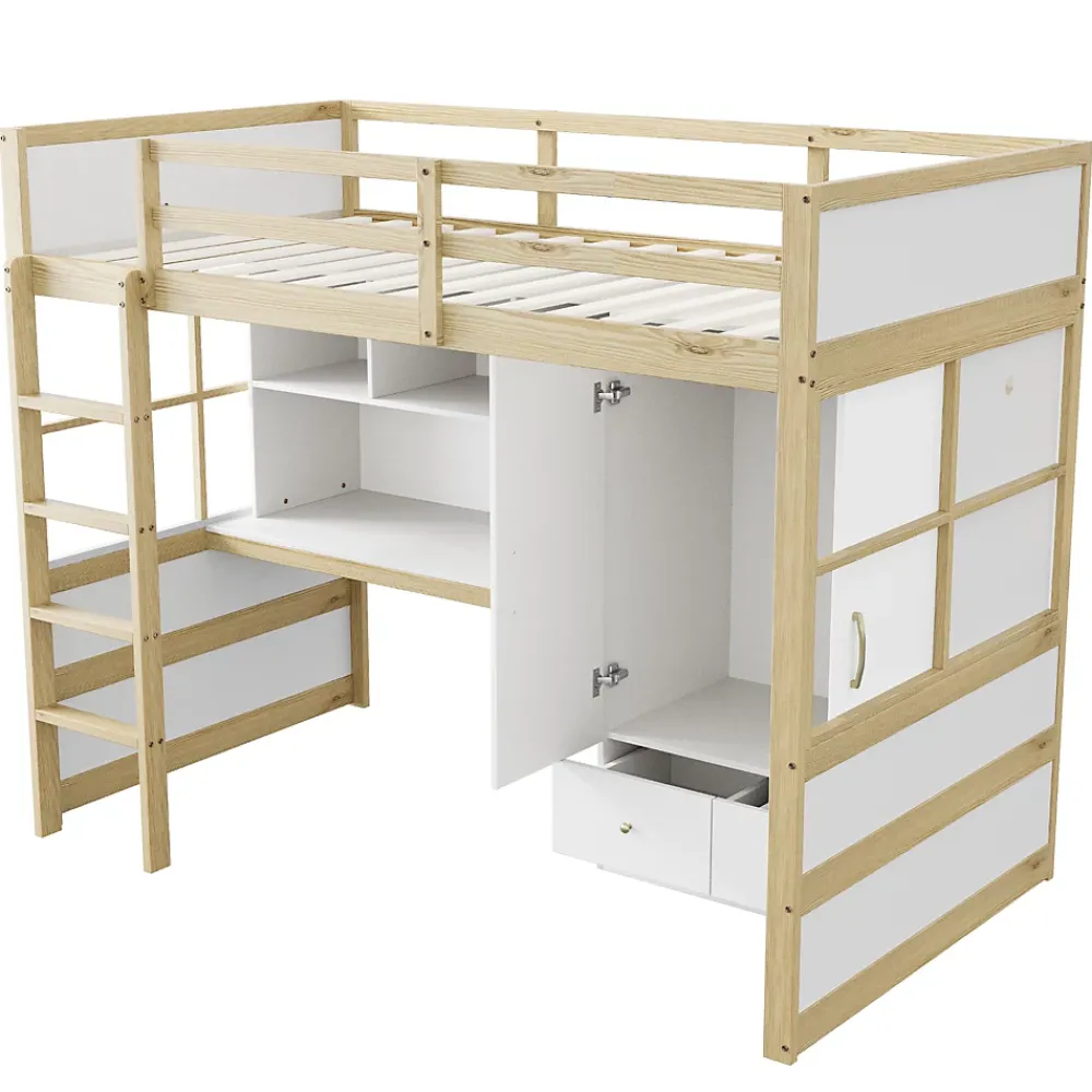 Okwish Lit mezzanine 90x200 cm ado/enfant 1 place avec bureau et armoire, escalier avec tiroirs, bois pin+MDF couleur bois, sans matelas* Lit Mezzanine