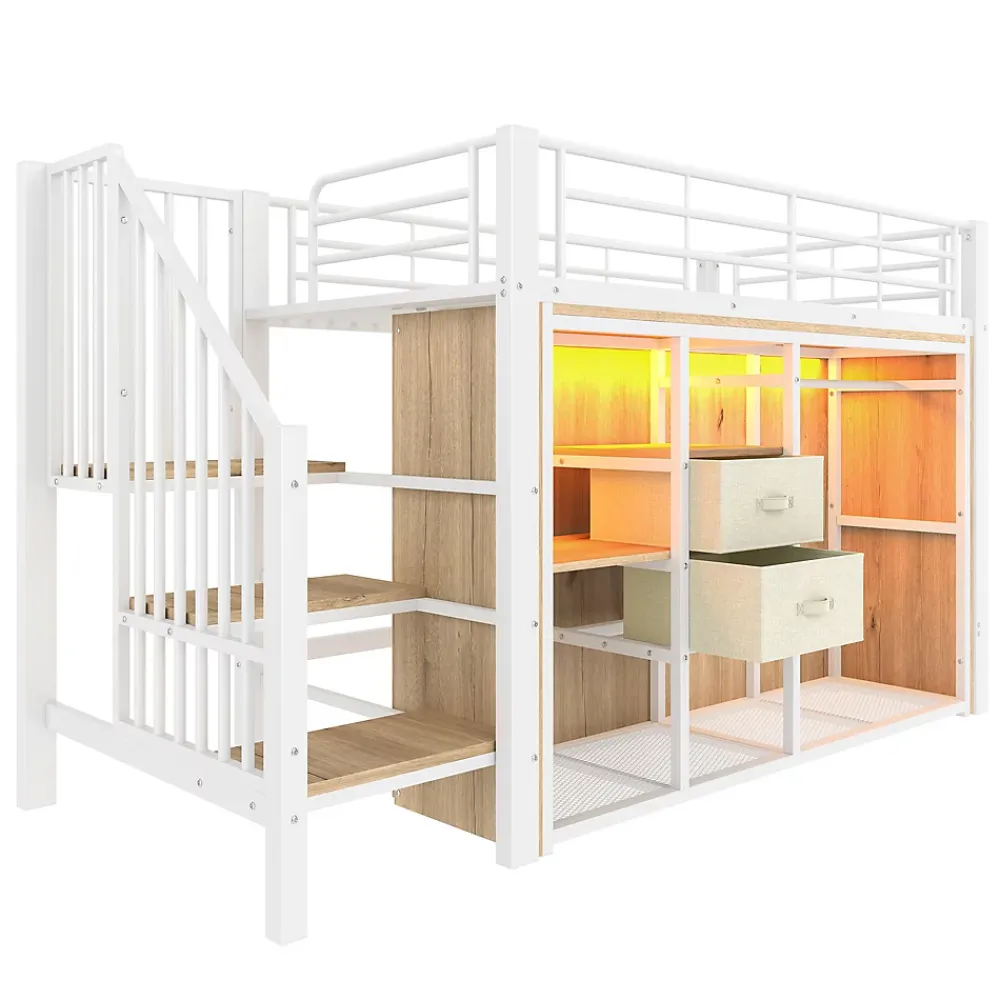 Redom Lit mezzanine 90x200 cm avec 2 tiroirs et vestiaire ouvert, LED multicolore, structure métal*Enfant Lit Enfant