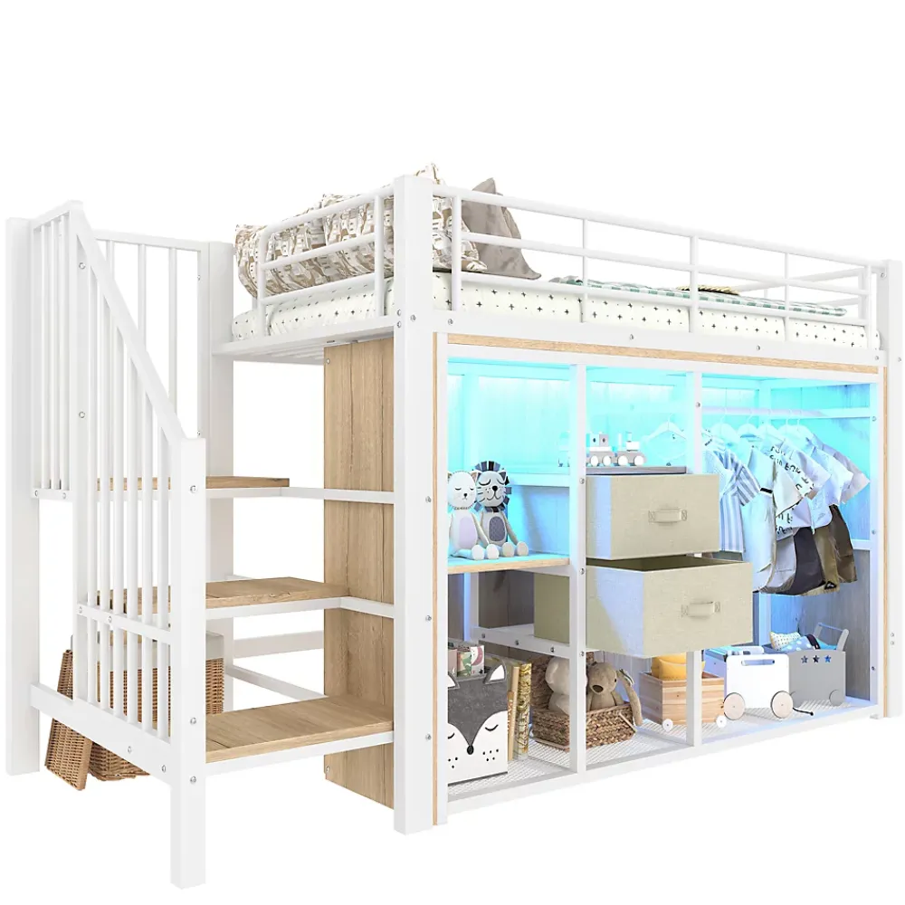 Redom Lit mezzanine 90x200 cm avec 2 tiroirs et vestiaire ouvert, LED multicolore, structure métal*Enfant Lit Enfant